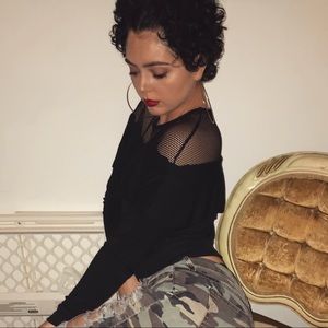 Black crop top- mesh shoulders.